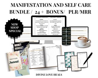 May include: A bundle of self-care and manifestation tools, including a computer monitor, smartphone, tablet, journals, and planners. The image features a coffee cup, pen, and the text "Manifestation and Self Care Bundle".