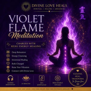 May include: A digital graphic for Violet Flame Meditation featuring a silhouette in a meditative pose surrounded by purple energy. Text includes Divine Love Heals, Charged with Reiki Energy Healing, Deep Relaxation, Energy Cleansing, Emotional Healing, Reiki Charged, Raise Your Vibration, Connect with Divine Love, Guided Meditation, 15 Minutes, MP3 Download, Reiki Energy Infused, Cleanse. Heal. Transform. In Divine Love, and You are love. You are light. You are divinely healed.