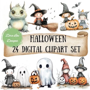 Images clipart Halloween - Ghost citrouille sorcière araignée numérique scrapbooking affiche carte journal - 24 image impression imprimable PNG TÉLÉCHARGEMENT instantané