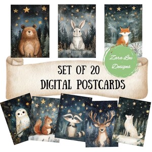 クリスマスの森の動物と雪のポストカードセット - 印刷可能なデジタルポストカード - 季節の画像 20JPG ファイル 即時ダウンロード