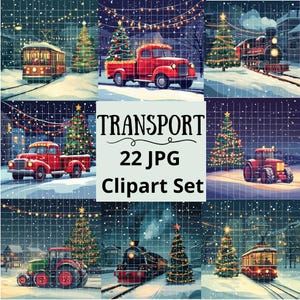 Joli Noël Transport Tram Train avion camion tracteur Image ensemble - dessins numériques imprimables - Image saisonnière - fichiers 22 JPG TÉLÉCHARGEMENT IMMÉDIAT