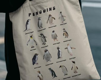 Bolsa de lona con gráfico de especies de pingüinos: bolsa de compras educativa con estampado animal