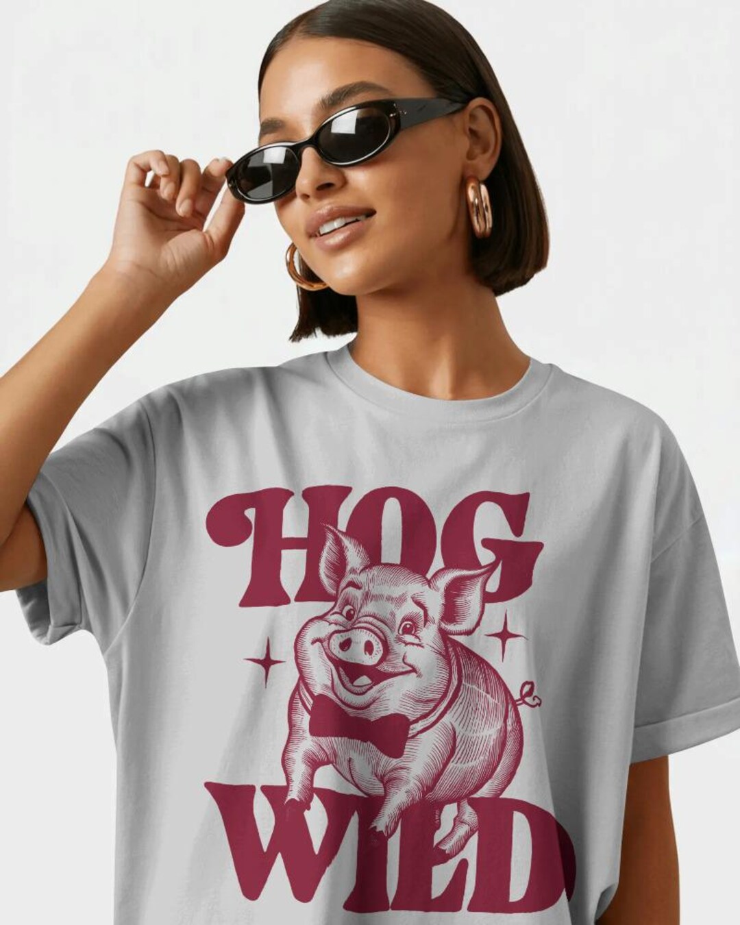 Hog Wild グラフィックTシャツ：面白い豚のシャツ、農家の娘スタイル 