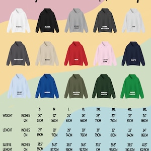 Op de afbeelding: Unisex hoodie maattabel met kleuropties. De tabel toont de afmetingen in inches en centimeters voor verschillende maten, van S tot 5XL. De kleuren omvatten wit, zwart, sport grijs, donker grijs, as, antraciet, zand, rood, licht roze, marine, lichtblauw, koninklijk blauw, legergroen, bosgroen en Iers groen.