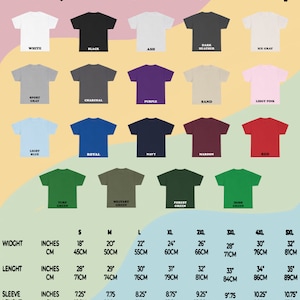 Op de afbeelding: Unisex T-shirt maattabel met kleurstalen en maten in inches en centimeters. De tabel toont maten van S tot 5XL, met maten voor breedte, lengte, mouwlengte en borstbreedte.