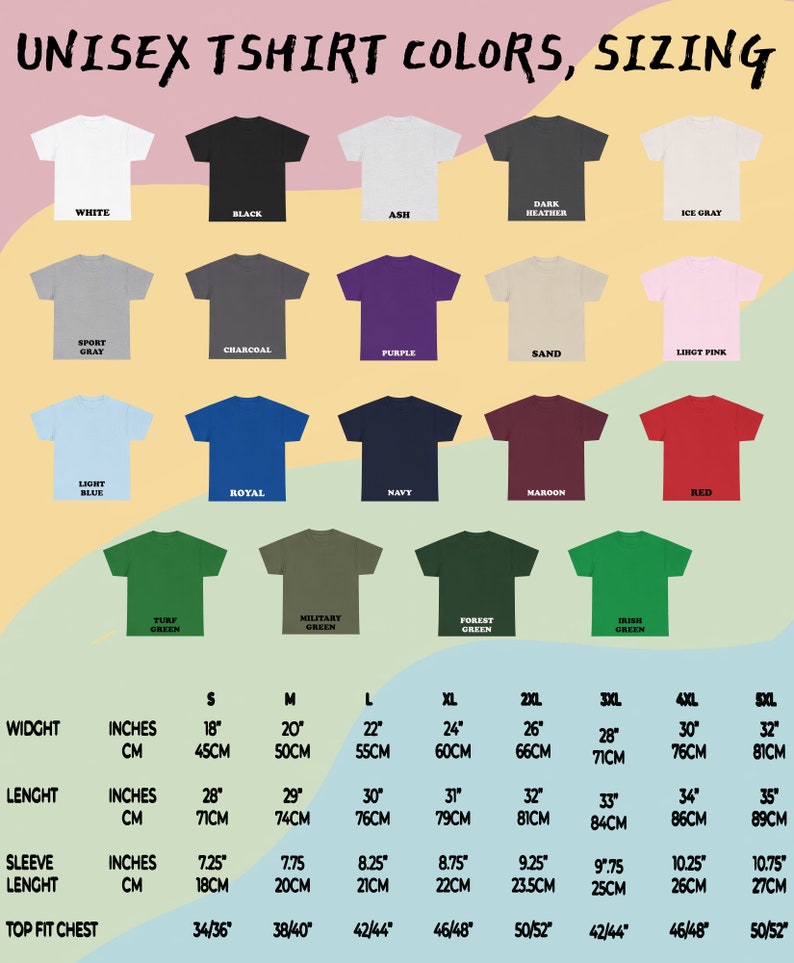 Op de afbeelding: Unisex T-shirt maattabel met kleurstalen en maten in inches en centimeters. De tabel toont maten van S tot 5XL, met maten voor breedte, lengte, mouwlengte en borstbreedte.