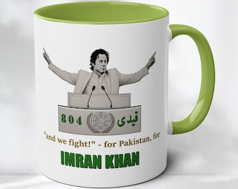 Taza de Imran Khan, Qaidi No. 804, Lucha por la Justicia, Pakistán. Elegante taza de café bicolor de 325 ml con el gráfico de Imran Khan.