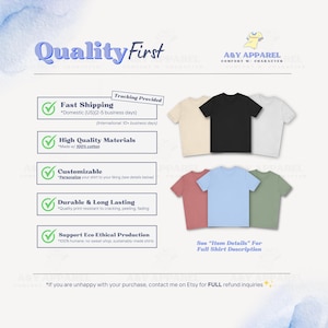 May include: A collection of six short-sleeved t-shirts in beige, black, white, dusty rose, light blue, and sage green. The image includes the text Quality First, A&Y Apparel, Comfort w/ Character, and a list of features including Fast Shipping.