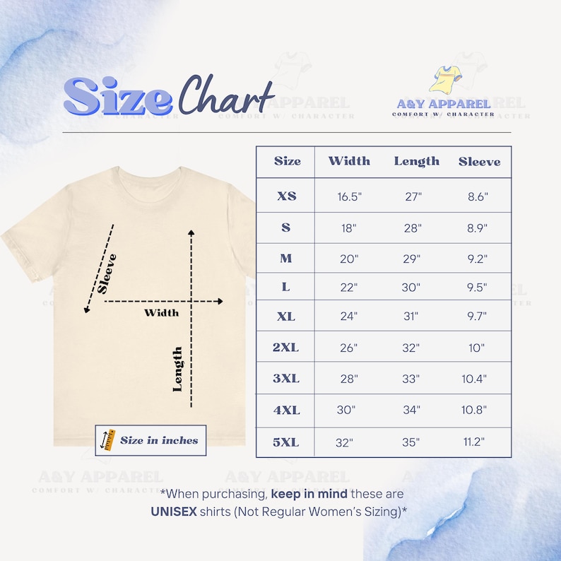May include: A size chart for a t-shirt featuring a light cream-colored shirt graphic with dashed arrows indicating sleeve, width, and length measurements. A table lists sizes from XS to 5XL with corresponding dimensions in inches. Text includes Size in inches.