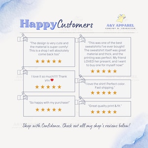May include: A graphic display titled Happy Customers featuring the A&Y APPAREL logo and six customer reviews. Each review includes a five-star rating and text comments about clothing quality, comfort, and satisfaction with the shop's products.