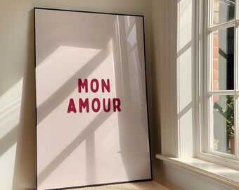 Mon Amour Wall Art Print - Bold French Printable Artwork - Romantic Typography - Valentine's Day Poster - Pink And Red - Digital Download