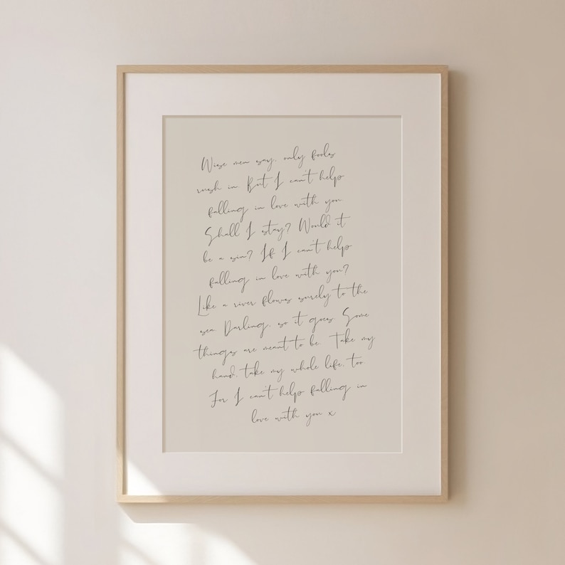 Can't Help Falling In Love Handwriting Wall Art - Romance Traditional Elvis Printable Artwork - Nancy Meyers Aesthetic - Digital Download image 1