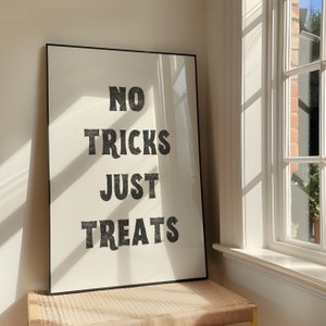 No Tricks Just Treats Wall Art Print - Bold Printable Artwork - Halloween Decor Quote Poster Design - Vintage Stamp - Digital Download