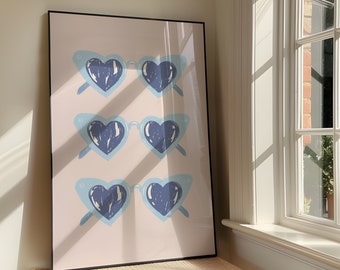 Heart Sunglasses Wall Art Print - Bold Sassy Pink and Blue Printable Artwork - Girly Coquette Decor Poster Design  - Digital Download