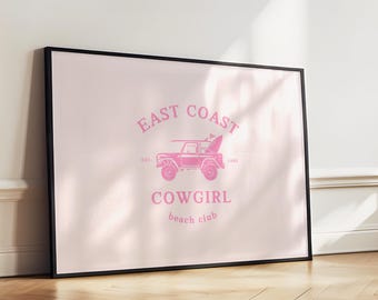 East Coast Cowgirl Club Bronco Wall Art Print - Pink Cowboy Illustration Printable Artwork - Horizontal Poster Design  - Digital Download