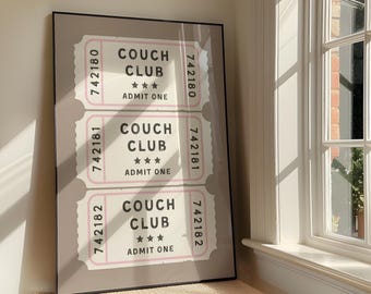 Couch Club Ticket Wall Art Print - Bold Positivity Family Printable Artwork - Retro Living Room Quote Poster Design - Digital Download