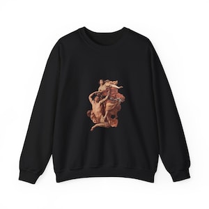 May include: Black sweatshirt with a vintage-style print of a man and woman in a dramatic pose. The print is in shades of brown and orange.