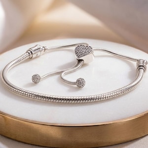Sterling Silver Charm Bracelet, Pavé Heart Clasp, Snake Chain Slider