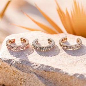 Gold, Rose Gold and Silver Oval Pave Ear Cuff Earrings, Double Row CZ Diamond Design, Minimalist Sparkling Jewellery Gift for Her.