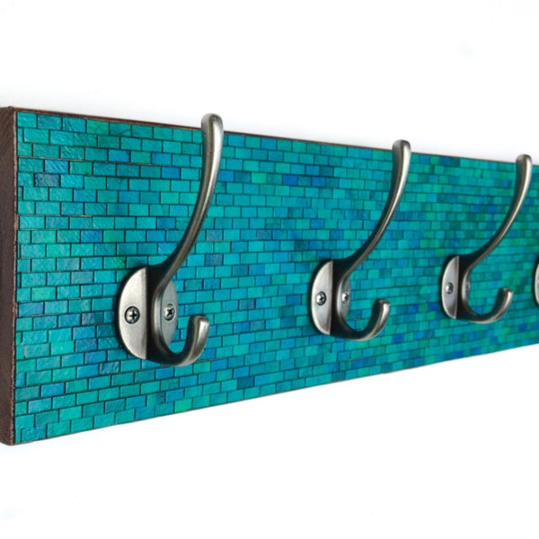 Wall Coat Rack Handmade Paper Green Blue Teal Mosaic Subway Striped Tiles Recycled Wood