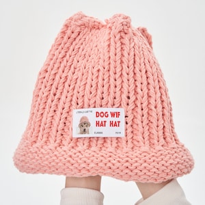 May include: A pink knitted beanie with a white patch that says "DOG WIF HAT HAT" and "LITERALLY JUST THE CLASSIC FR FR".