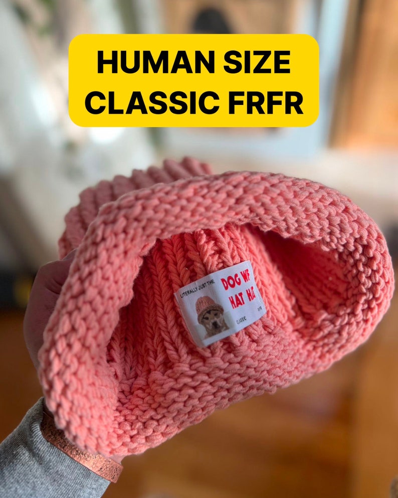 May include: A pink knitted beanie with a patch that says "Dog We Hat Ya!" in white text on a red background. The patch also says "Literally Just The Classic" in smaller white text.