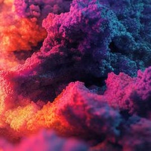 May include: Abstract image of a textured, cloud-like formation. The colors transition from vibrant orange to deep pink, purple, and teal, creating a dynamic and visually striking composition. The image has a soft, almost granular texture.