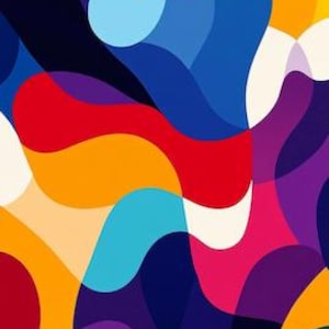 May include: Abstract digital art featuring a colorful pattern of overlapping, wavy shapes in shades of red, orange, yellow, green, blue, purple, and white.
