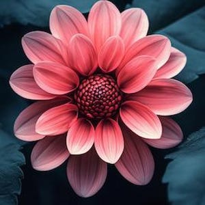 May include: A single pink dahlia flower with a dark red center, surrounded by dark green leaves.