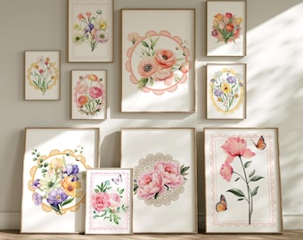 Juego de 10 cuadros florales de primavera para pared, pinturas florales de estilo cottagecore para imprimir.
