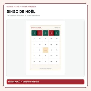 Peut inclure: Une carte de jeu Bingo de Noël numérique présentant une grille avec les lettres B, I, N, G, O dans des carrés vert foncé et rouges. La grille contient divers chiffres et un carré central marqué LIBRE. Le texte indique BINGO DE NOËL.