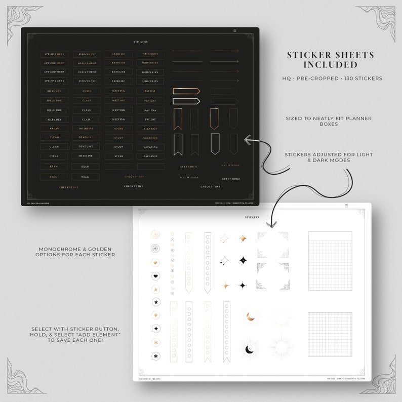 May include: A digital planner sticker sheet with 130 pre-cropped stickers. The stickers are in black and gold and include a variety of shapes, including flags, stars, and moons. The stickers are sized to fit standard planner boxes and are adjusted for light and dark modes.