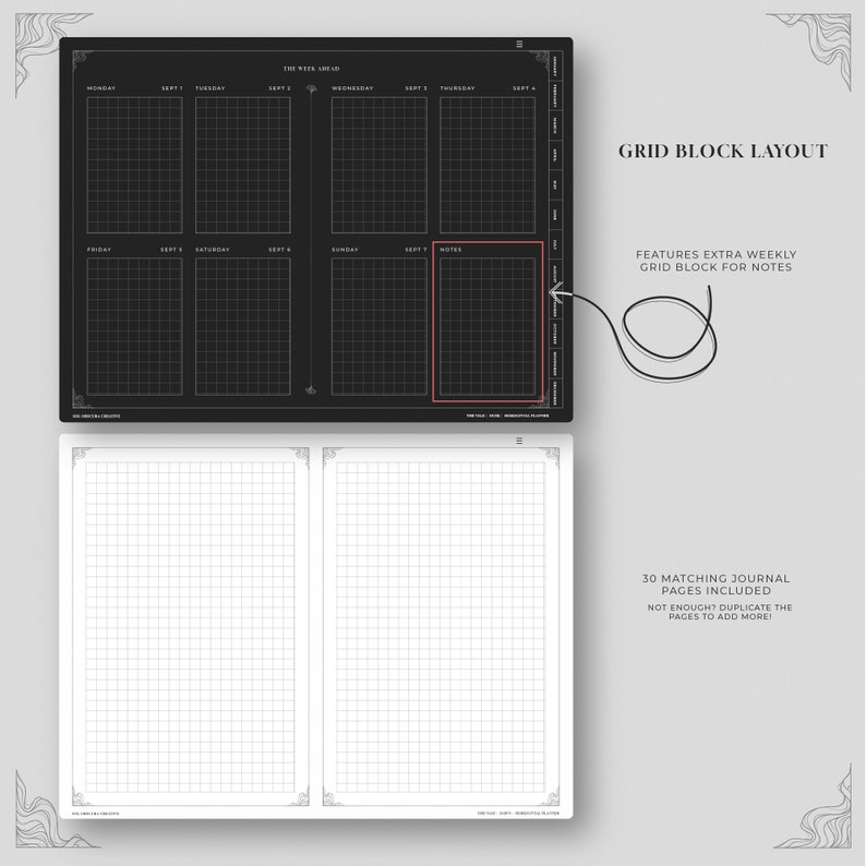 May include: A black and white weekly planner with a grid layout. The planner includes a separate grid block for notes. The planner also includes 30 matching journal pages.