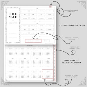 May include: A black and white planner with the title "The Vale Dawn" and a yearly overview of 2023. The planner includes tabs, stickers, and a journal. The planner has a hyperlinked index page and yearly overviews.