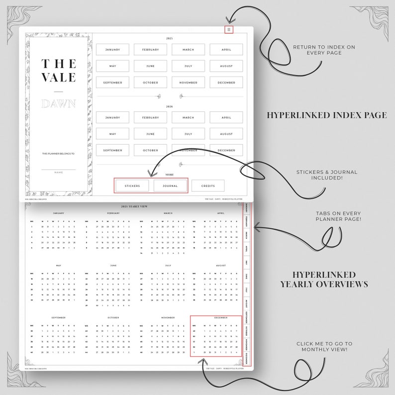 May include: A black and white planner with the title "The Vale Dawn" and a yearly overview of 2023. The planner includes tabs, stickers, and a journal. The planner has a hyperlinked index page and yearly overviews.