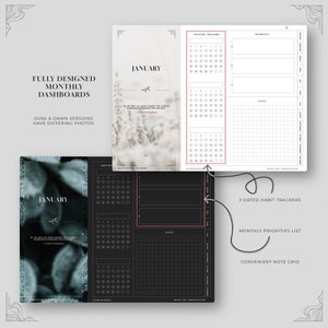May include: A black and white printable planner page with a monthly calendar, habit trackers, a priority list, and a note grid. The page is designed for January and features a quote about facing challenges.