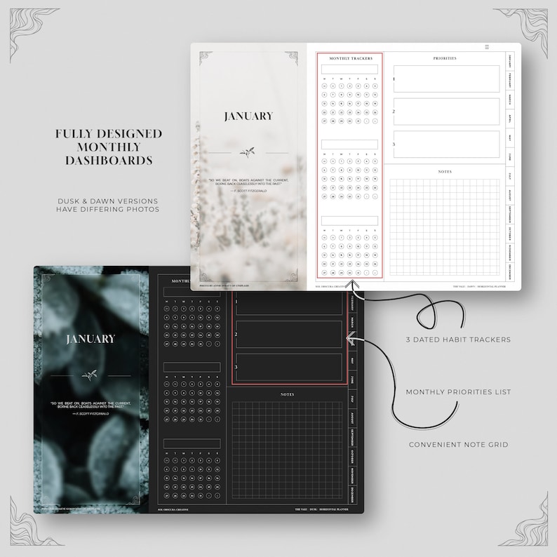 May include: A black and white printable planner page with a monthly calendar, habit trackers, a priority list, and a note grid. The page is designed for January and features a quote about facing challenges.
