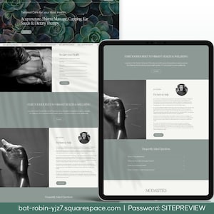 May include: A website design displayed on a tablet and a laptop. The website features information on acupuncture, massage, cupping, and dietary therapy. The colour scheme is primarily green and white, with images of hands and text. The website address is bat-robin-yjz7.squarespace.com.