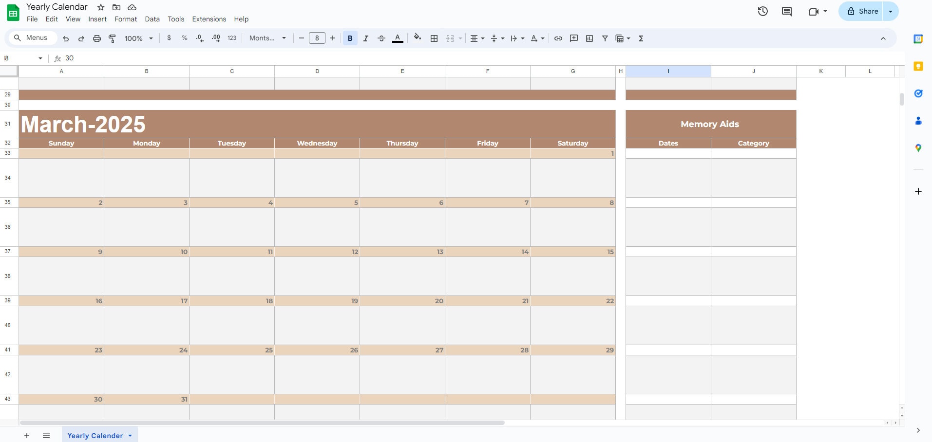 2025 Yearly Calendar Google Spread Sheet - Etsy