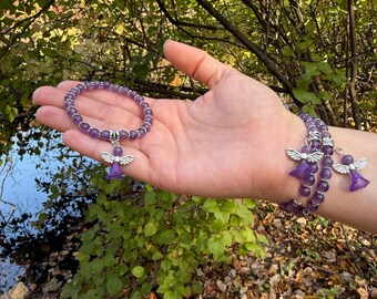 Amethyst Beaded Bracelet: Angel Charm, Natural Crystal Healing Jewelry