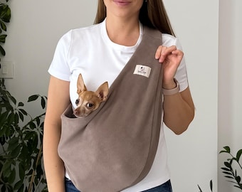 Dog Carry Bag, Taupe Fleece Pet Sling, Small Dog Shoulder Carrier, Cat Sling Bag, Puppy Carrier, Chihuahua Sling, Handmade Cat Sling