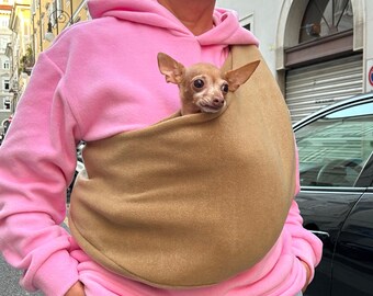 Caramel Fleece Pet Sling, Hands-Free Carrier for Small Dogs & Cats, Neutral Beige, Custom Size