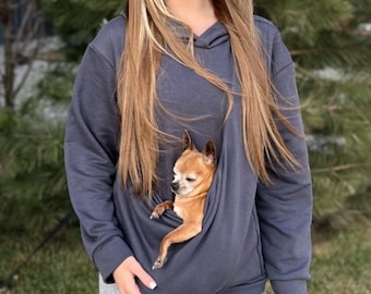 Gray Pet Carrier Hoodie, Cotton Kangaroo Pouch Sweatshirt for Small Dogs & Cats, Unisex Pet Hoodie