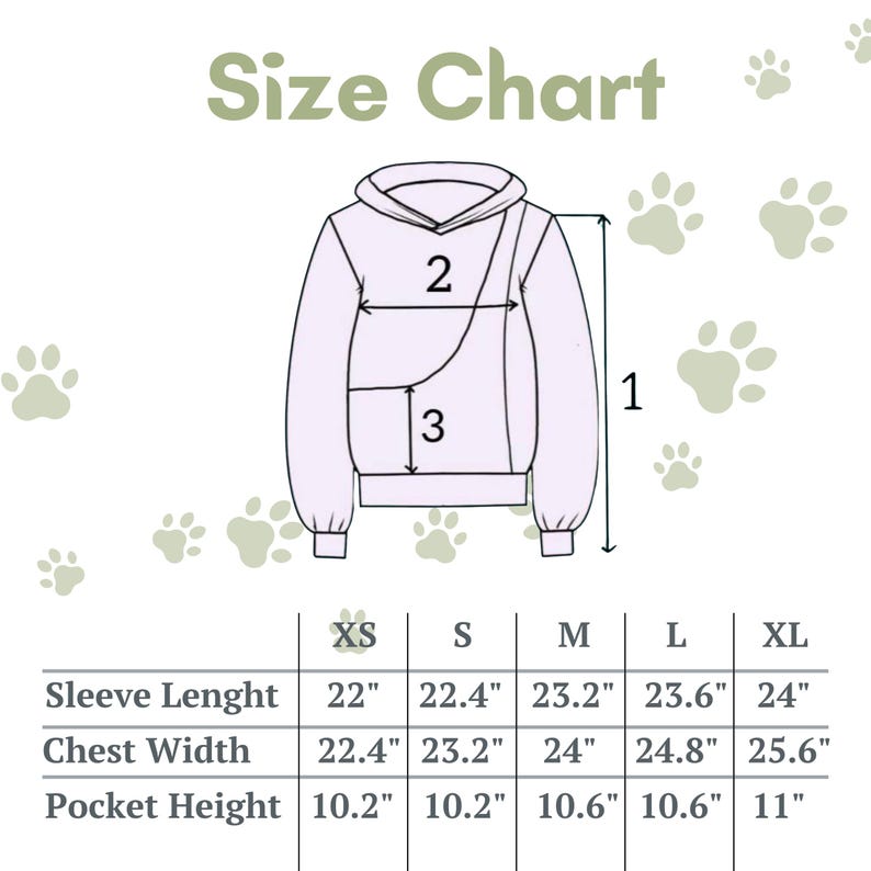 Op de afbeelding: Maattabel voor een hoodie met maten in inches voor mouwlengte, borstbreedte en zakhoogte. De maten omvatten XS, S, M, L en XL.