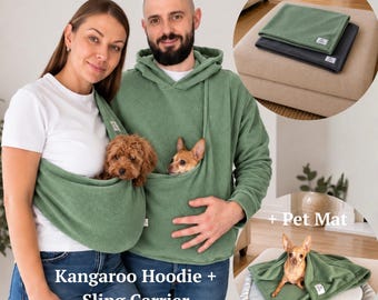 Fleece Dog Sling Carrier & Kangaroo Hoodie Set, Puppy Blanket, Dog Mat, Small Pet Carrier, Dog Mom Gift, Olive Green