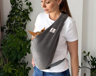 Secure Gray Dog Sling Carrier for Chihuahua, Yorkie & Maltese, Hands Free Fleece Pet Carrier with Safety Strap, Small Dog Travel Bag