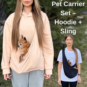 Handmade Dog Carrier Hoodie and Sling Set – Lightweight Cotton Pet Carrier for Small Dogs and Cats, Kangaroo Hoodie, Pet Mom Gift