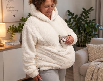 Cat Carrier Hoodie, Pet Kangaroo Hoodie for Cats & Small Dogs, Cozy Teddy Pet Pouch, Hands Free Puppy Carrier, Dog Mom Cat Mom Gift
