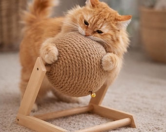 Cat Scratching Ball with Stand, Jute Cat Scratcher, Interactive Cat Toy with Bell, Wooden Cat Scratcher Furniture, Kitten Play Toy