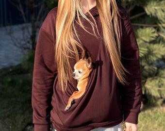 Chocolate Pet Carrier Hoodie, Cotton Kangaroo Pouch Sweatshirt for Small Dogs & Cats, Cozy Unisex Hoodie